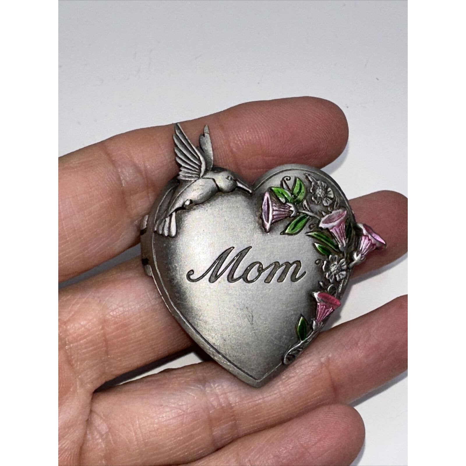 Vtg Jj Pewter Mom Heart Locket Hummingbird Flower Photo Frame Brooch Pin 17$